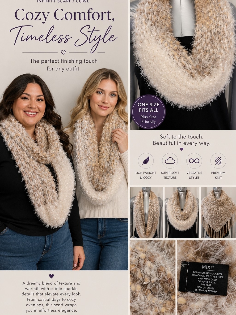 Cozy Neutral Fuzzy Infinity Scarf - Cream & Taupe